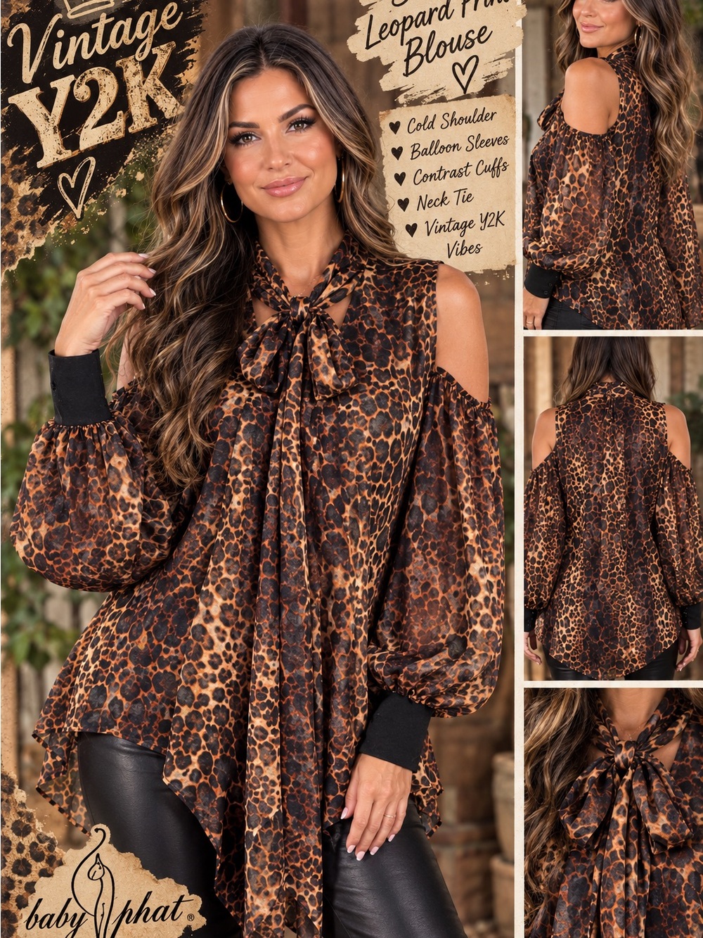 Y2K Baby Phat Leopard Print Cold-Shoulder Bow Blouse - Brown/Black